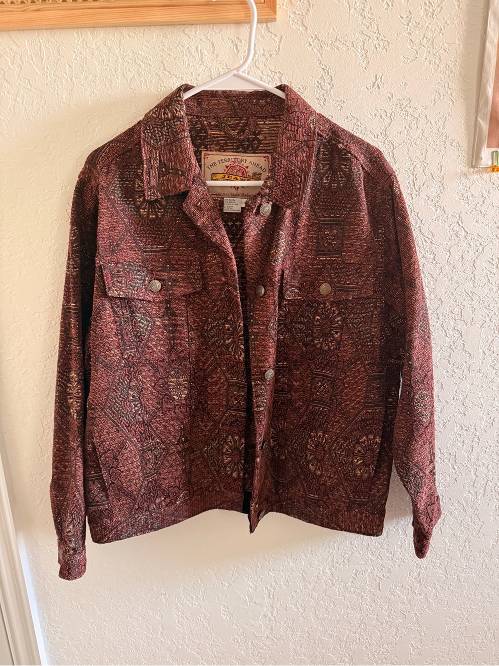 Vintage The Territory Ahead Tapestry Jacket M Burgundy Boho 90s Hong Kong